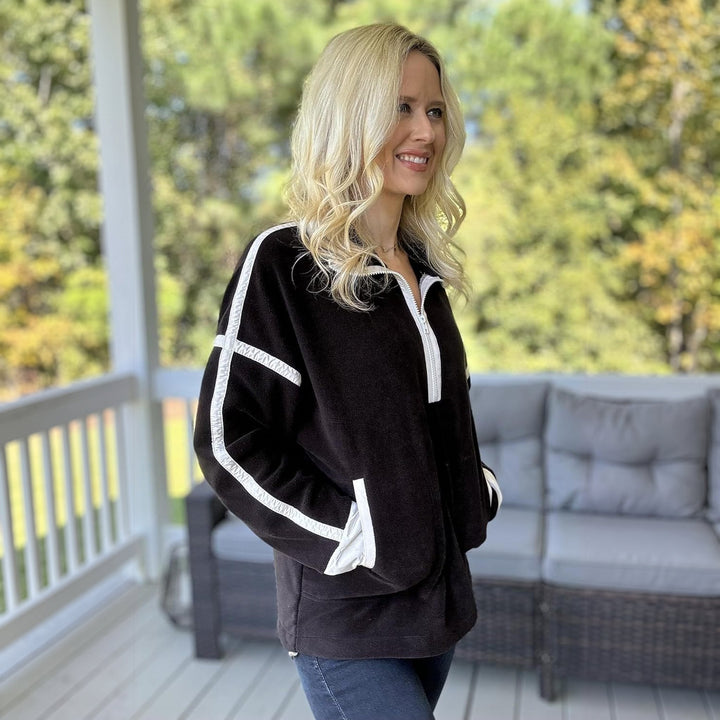 Women's Quarter Zip Sweater, Contrast Trim Mock Neck Pullover