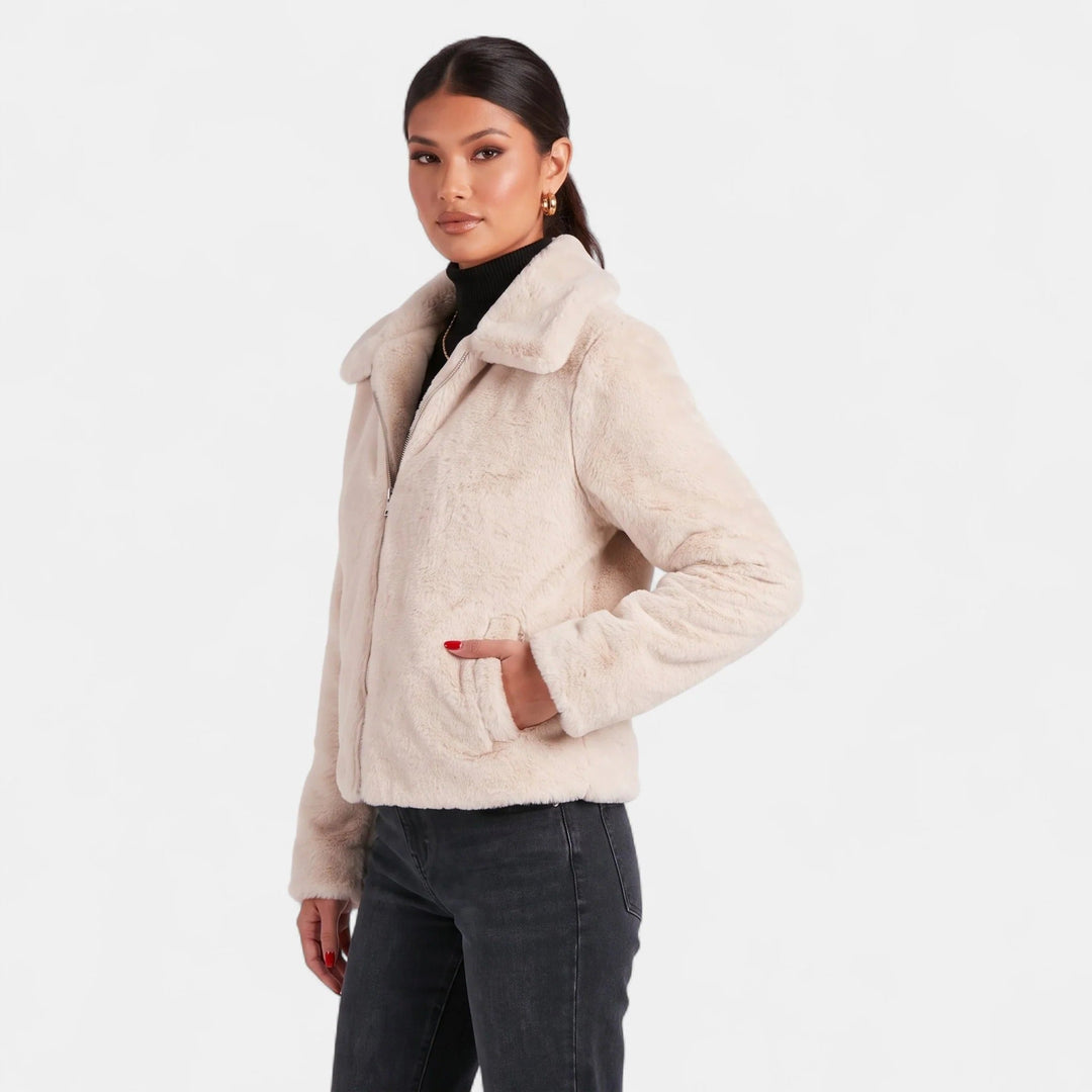 Women's Cropped Biker Faux Fur Coat, Oversized Mottled Zip