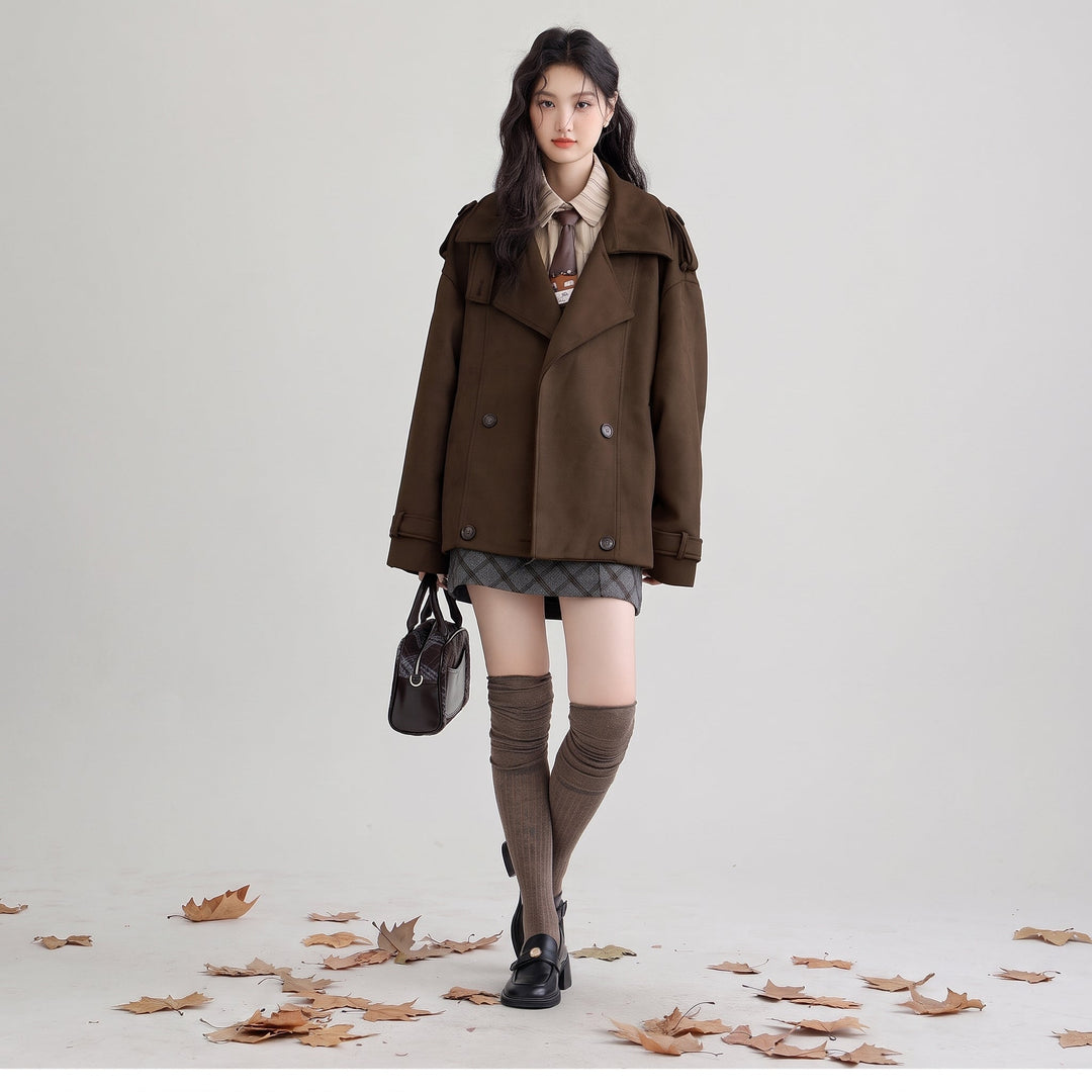 Women's Short Brown Peacoat, Double Breasted Oversized Epaulettes
