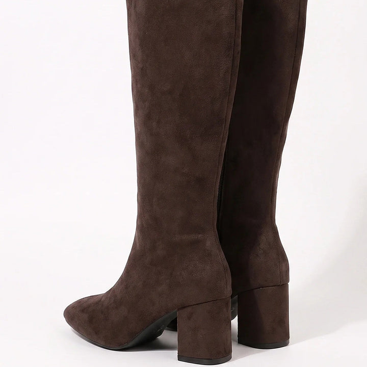 Women's Knee High Boots, Suede Block Heel Pointed Toe Fitted