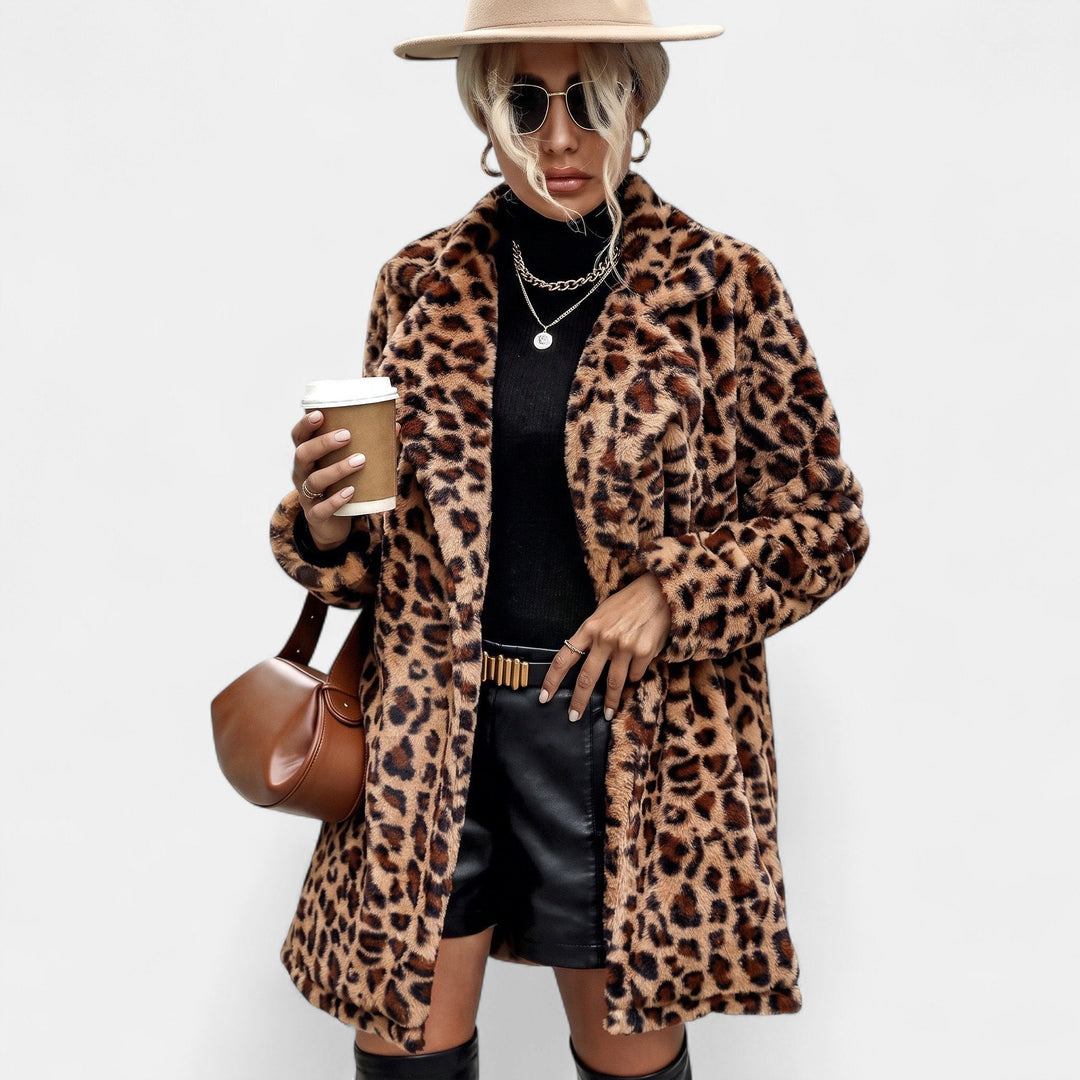 Women's Leopard Print Faux Fur Coat, Oversized Notched Lapel