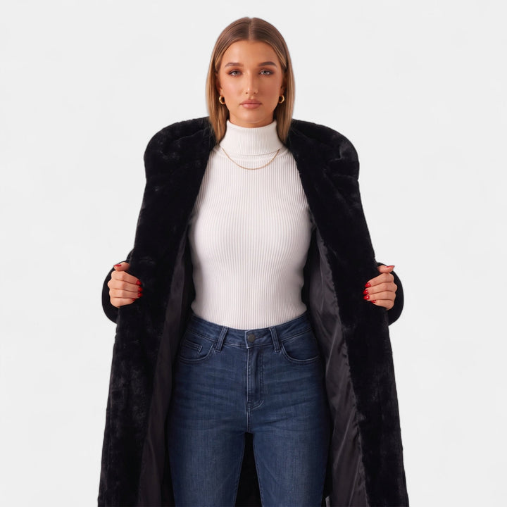 Women's Oversized Long Faux Fur Coat, Hooded Open Front Patch Pockets
