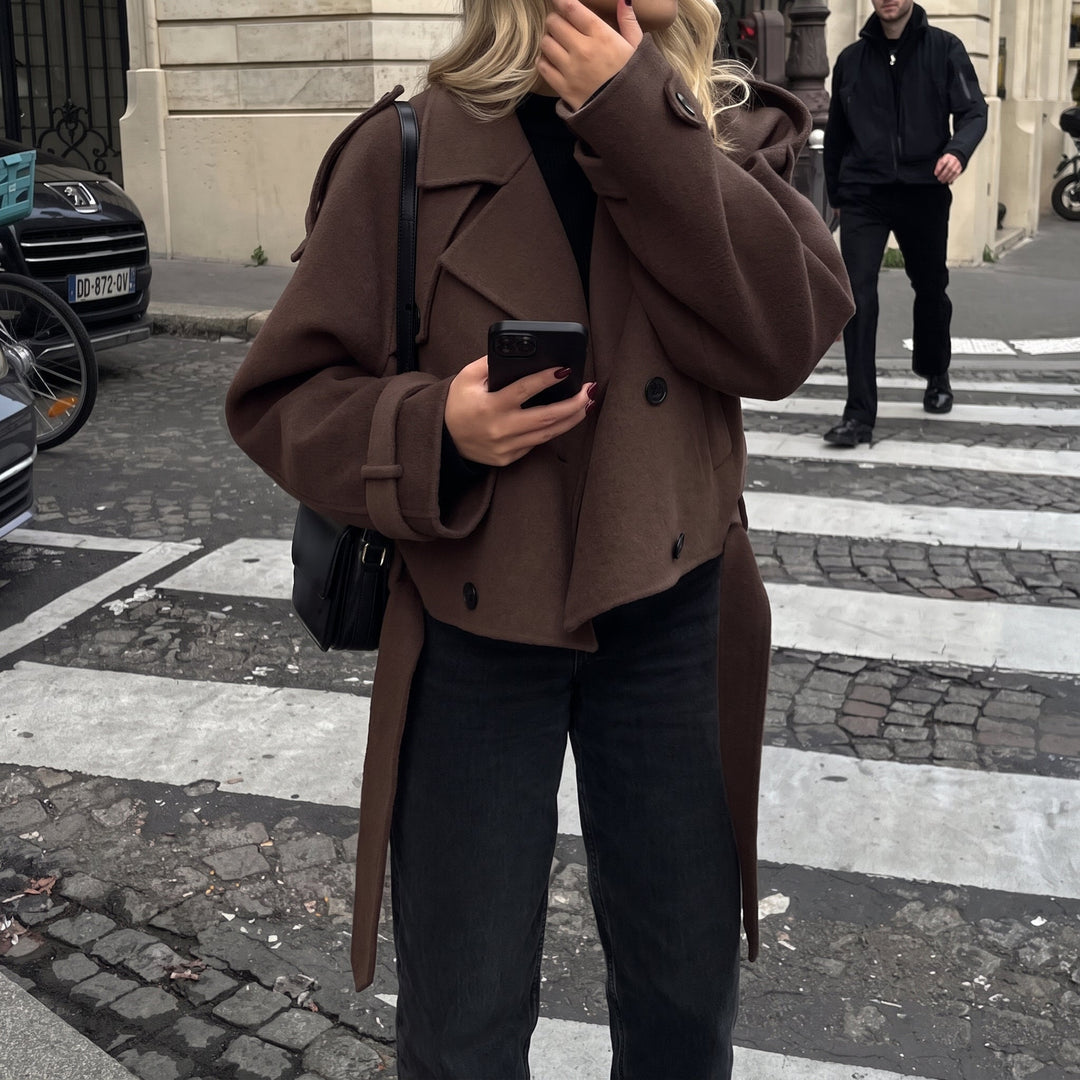 Women's Peacoat, Short Brown Double Breasted Belted