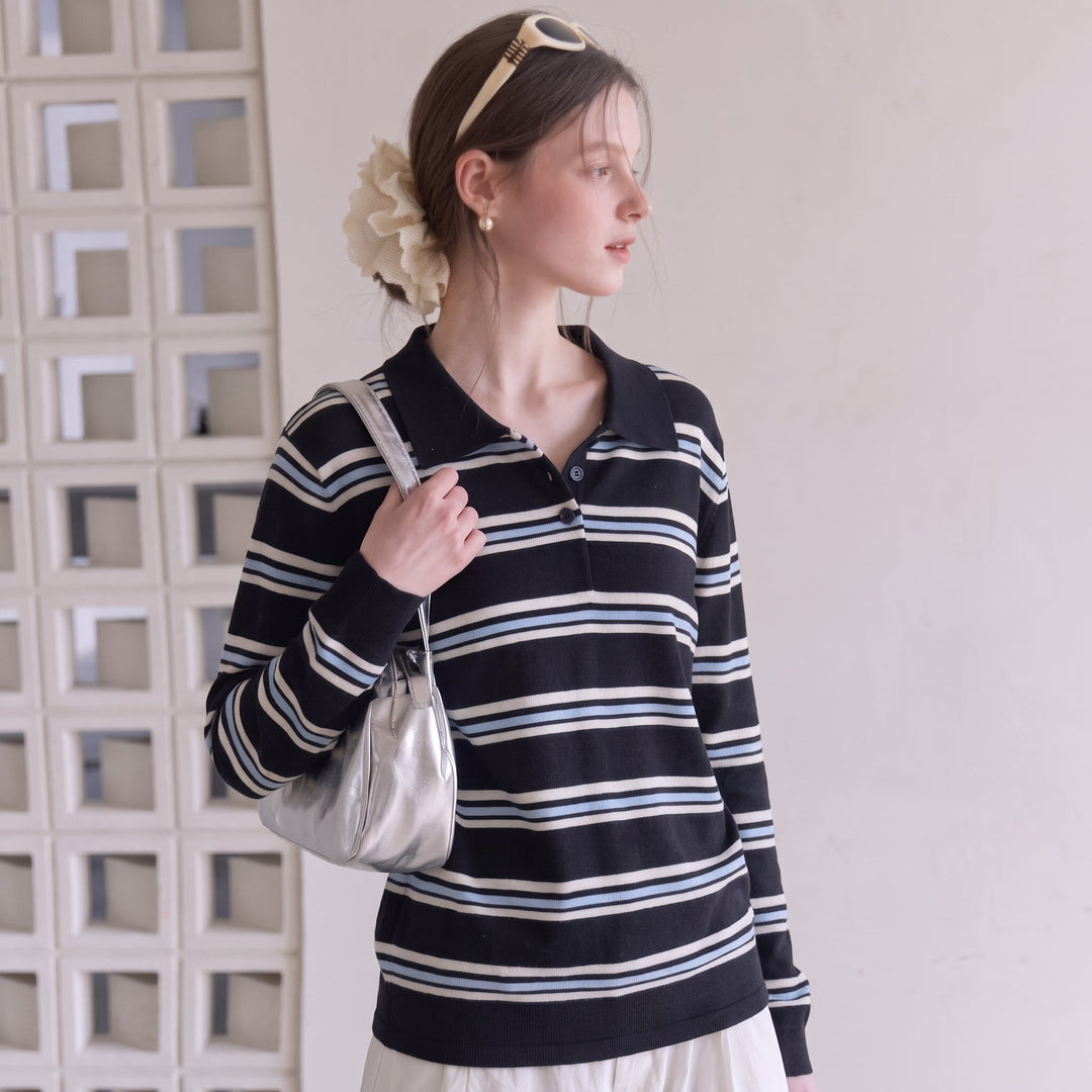 Women's Long Sleeve Polo Rugby Shirt, Knitted Collared Navy