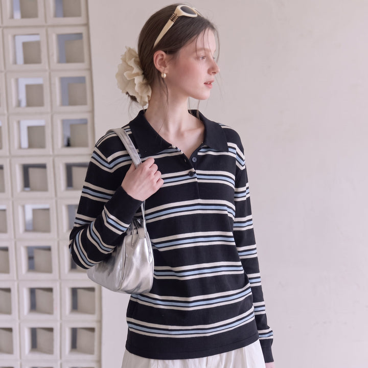 Women's Long Sleeve Polo Rugby Shirt, Knitted Collared Navy