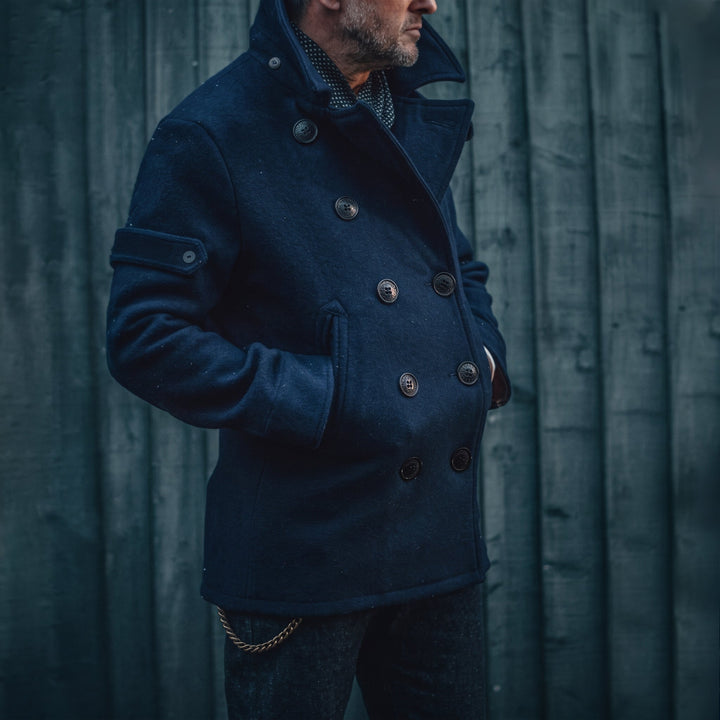 Men's Short Winter Peacoat, Double Breasted High Neck Military