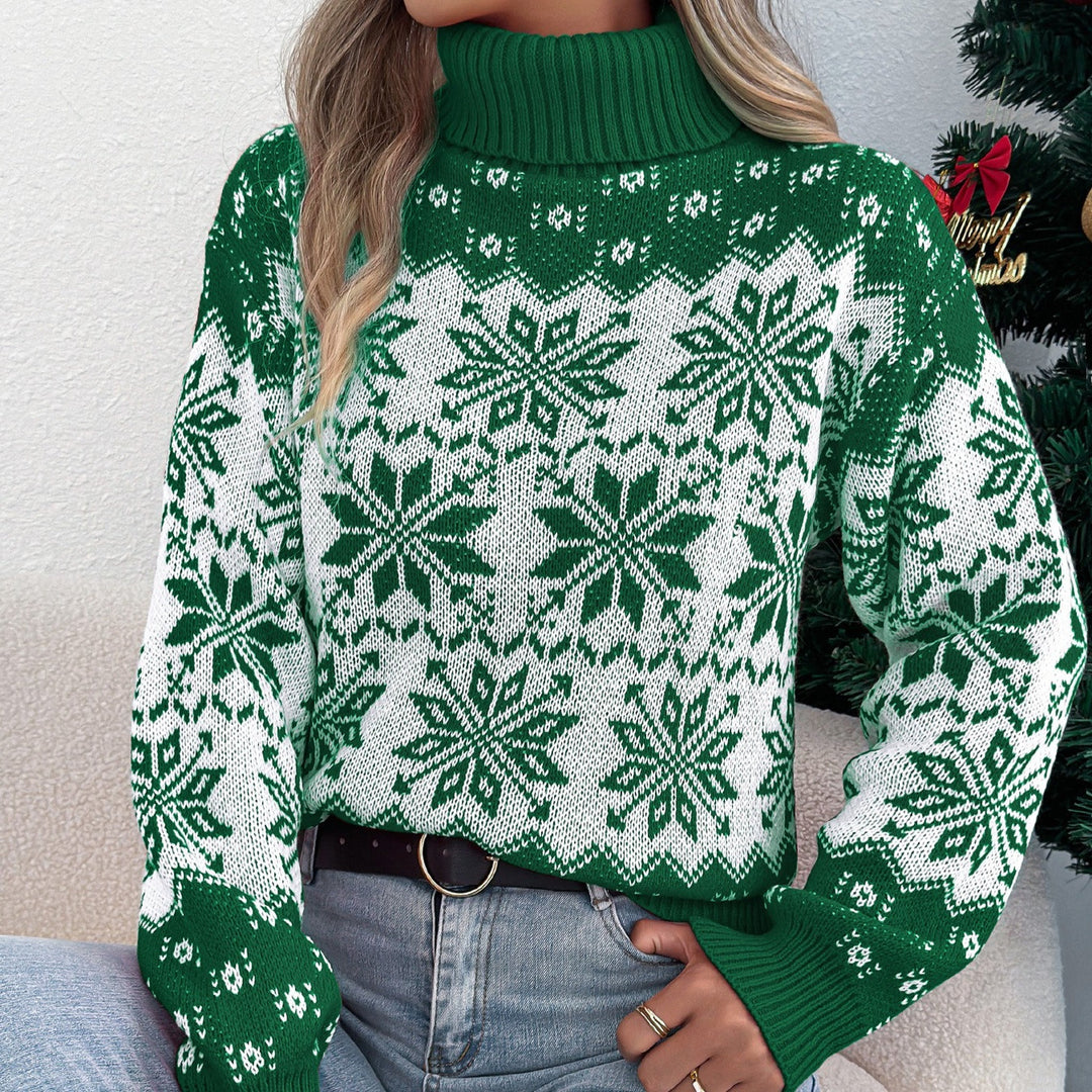 Women's Christmas Sweater, Turtleneck Fair Isle Snowflake Lantern Sleeve Pullover