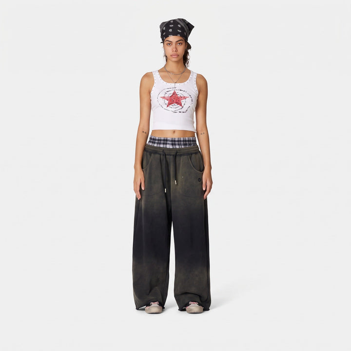 Women's Baggy Low Rise Sweatpants, Plaid Boxer Waistband Raw Hem