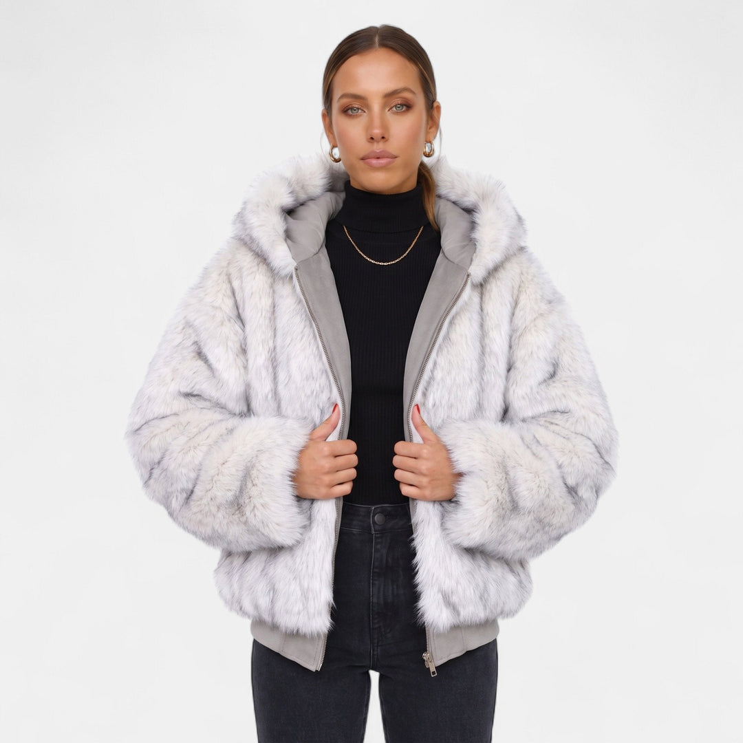 Women's Oversized Faux Fur Coat, Hooded Zip Up Ribbed Hem