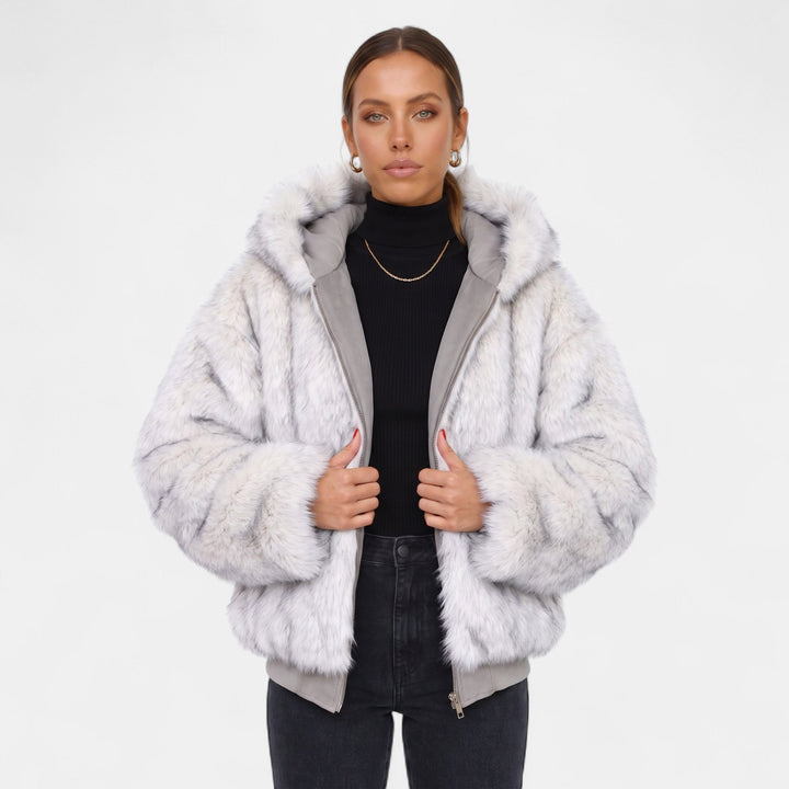 Women's Oversized Faux Fur Coat, Hooded Zip Up Ribbed Hem