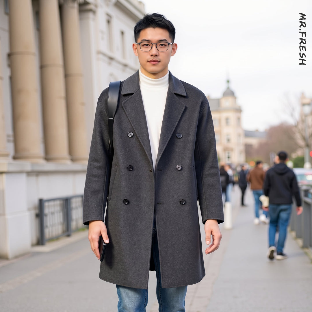 Men's Long Wool Peacoat, Double Breasted Oversized Notched Lapel