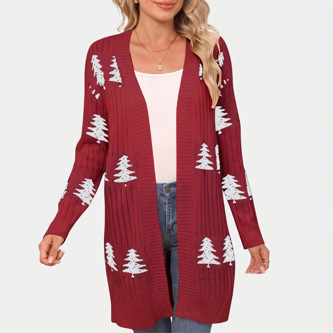 Women's Christmas Sweater, Knit Embroidered Pine Tree Open Front Cardigan