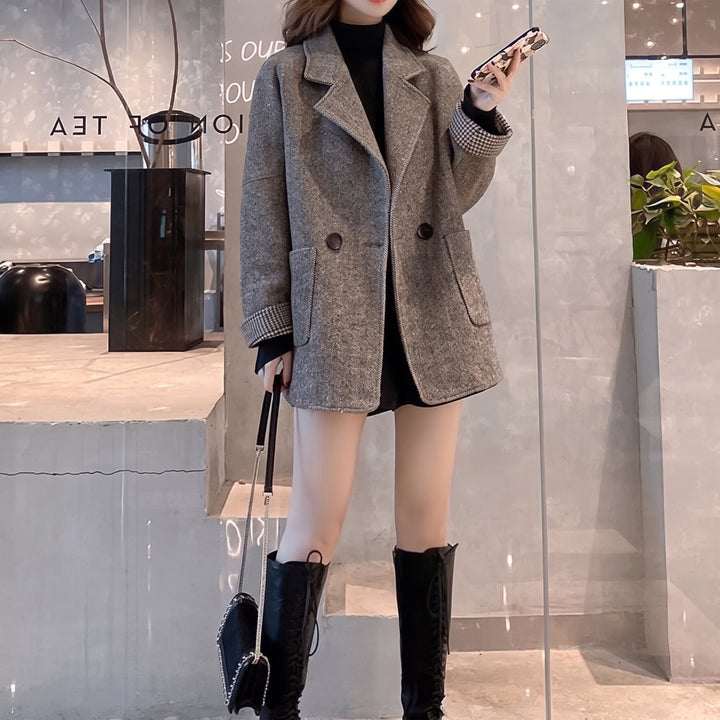 Women's Tailored Winter Peacoat, Herringbone Notched Lapel