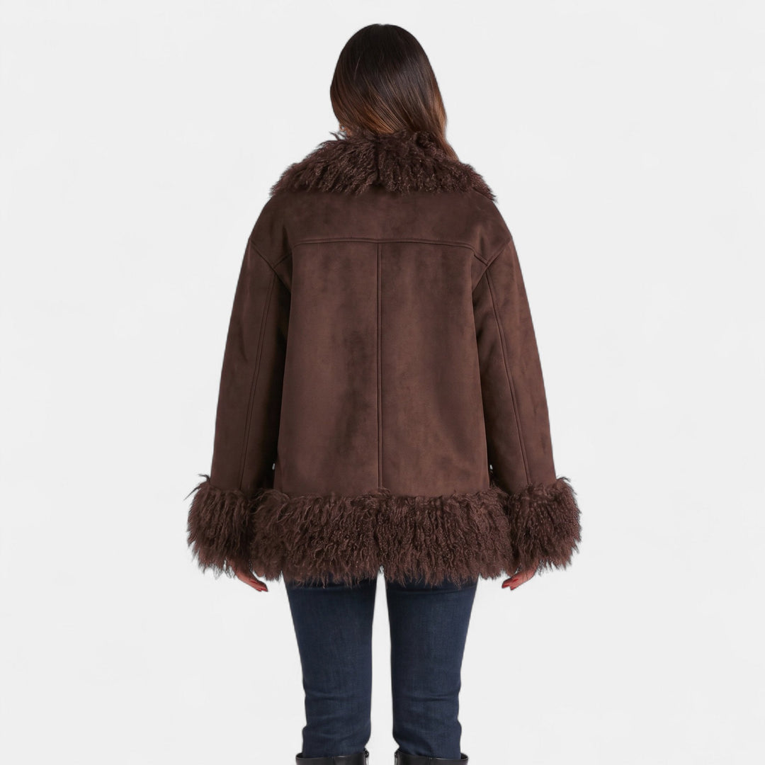 Women's Fuzzy Puffer Jacket Cardigan, Shearling Trim Panels