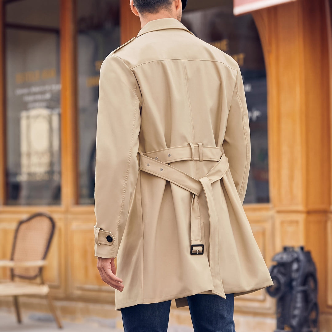Men's Long Winter Trench Coat, Double Breasted Khaki Belted