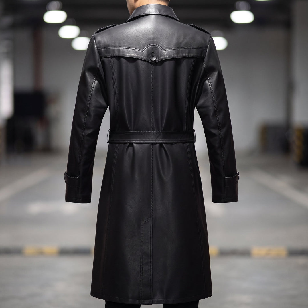 Men's Long Black Trench Coat, Fur Lined Single Breasted Thick