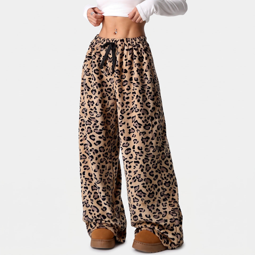 Women's Baggy Wide Leg Sweatpants, Plush Print Ribbon Bow Tie