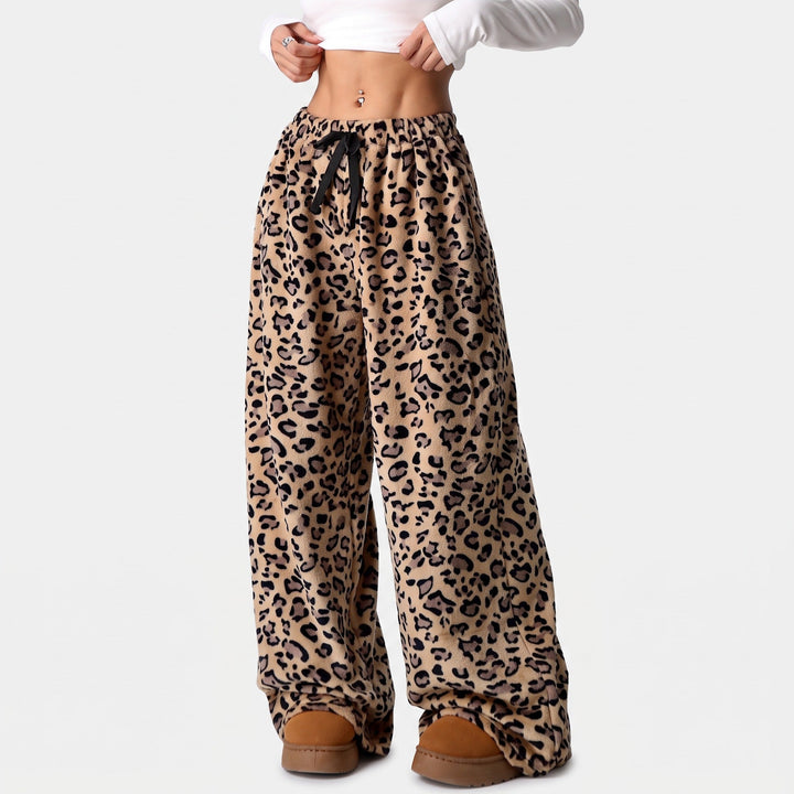 Women's Baggy Wide Leg Sweatpants, Plush Print Ribbon Bow Tie