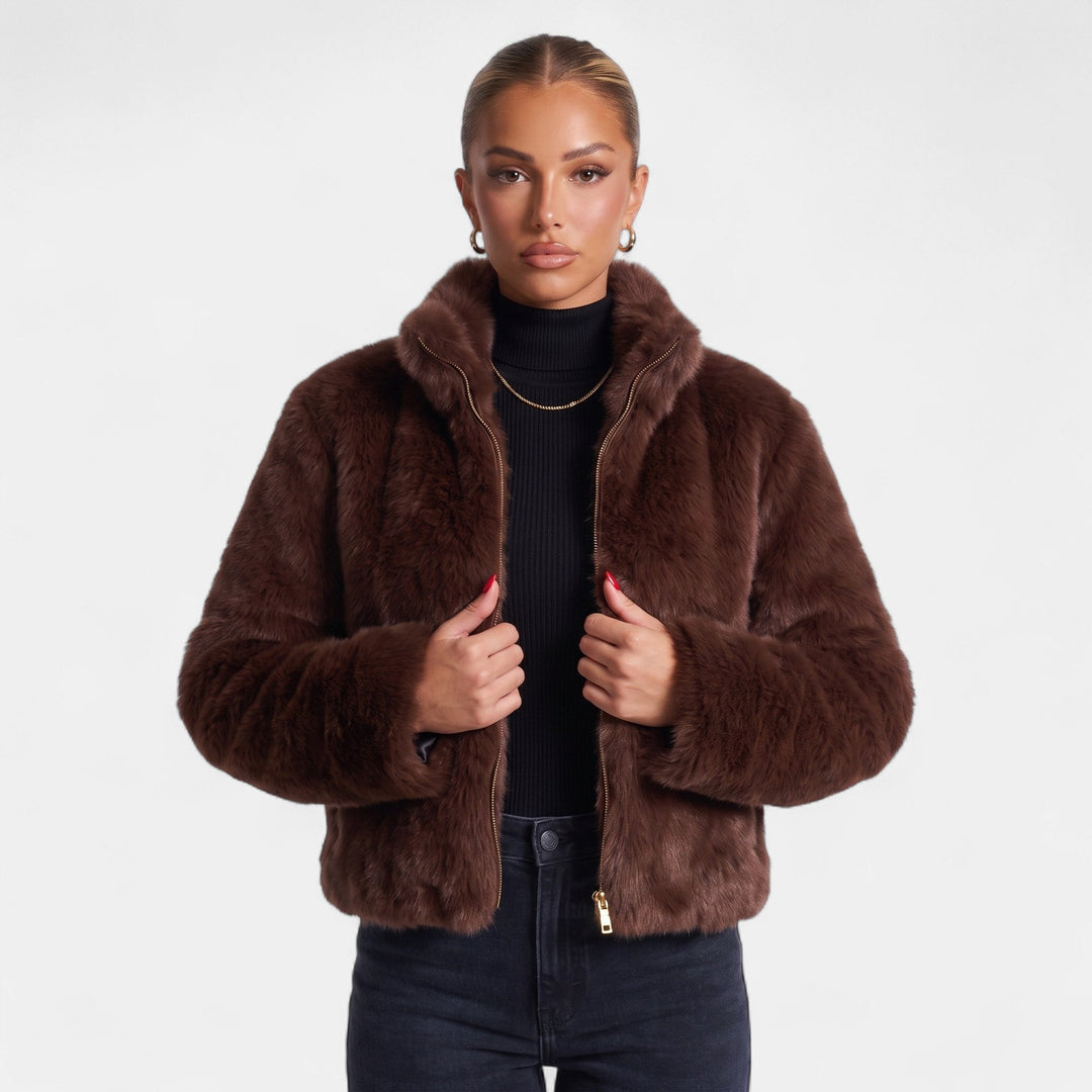 Women's Cropped Faux Fur Coat, Stand Collar Front Zip Quilted