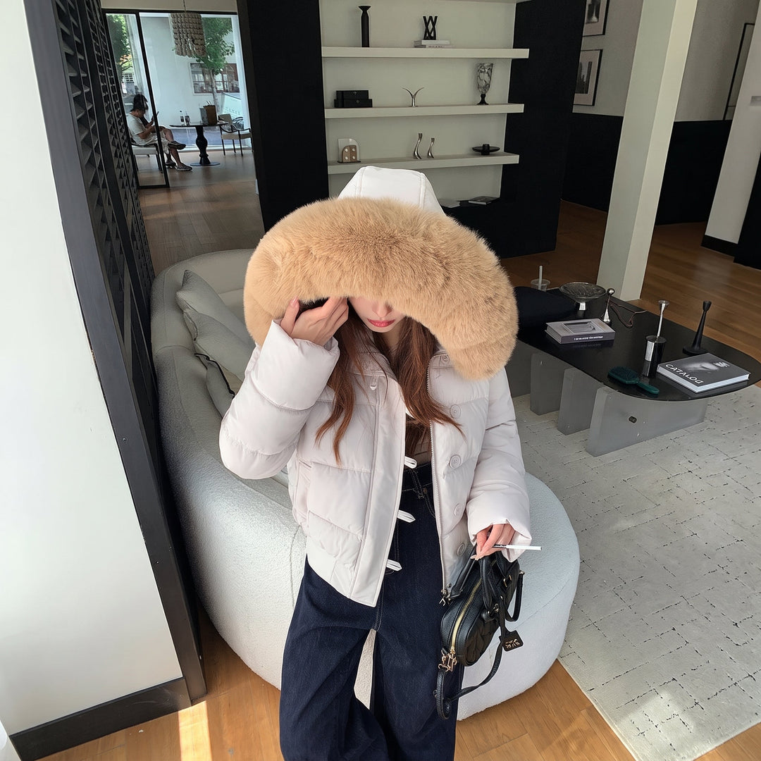 Women's Cropped Winter Puffer Jacket, Bubble Fur Padded Quilted