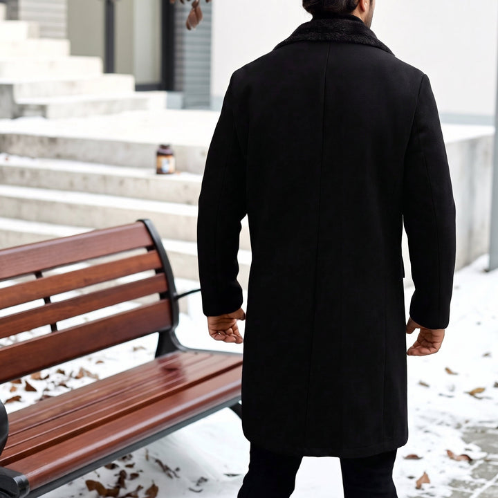 Men's Long Winter Peacoat, Double Breasted Faux Fur Fuzzy Fleece