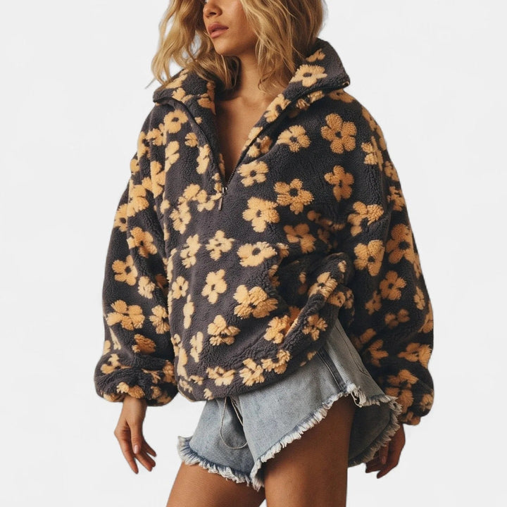 Women's Oversized Cropped Fleece Jacket, Floral Half Zip