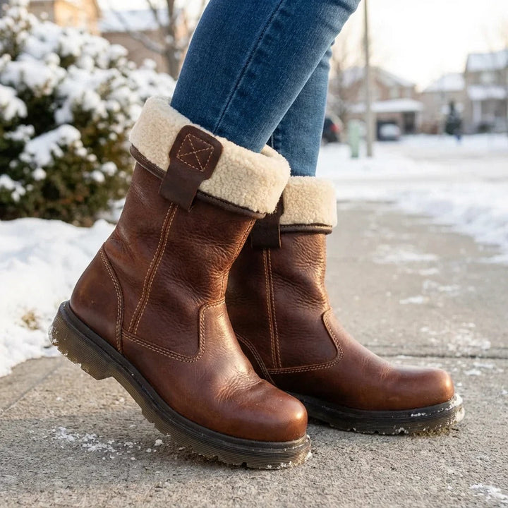Women's Shearling Brown Boots, Mid Calf Lug Sole Pull On