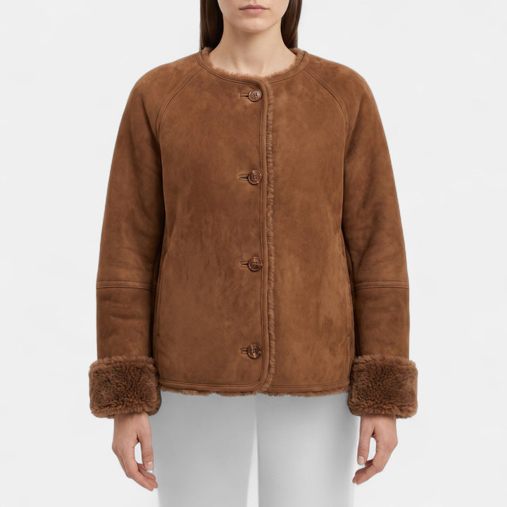 Women's Cropped Suede Jacket, Collarless Shearling Long Sleeve