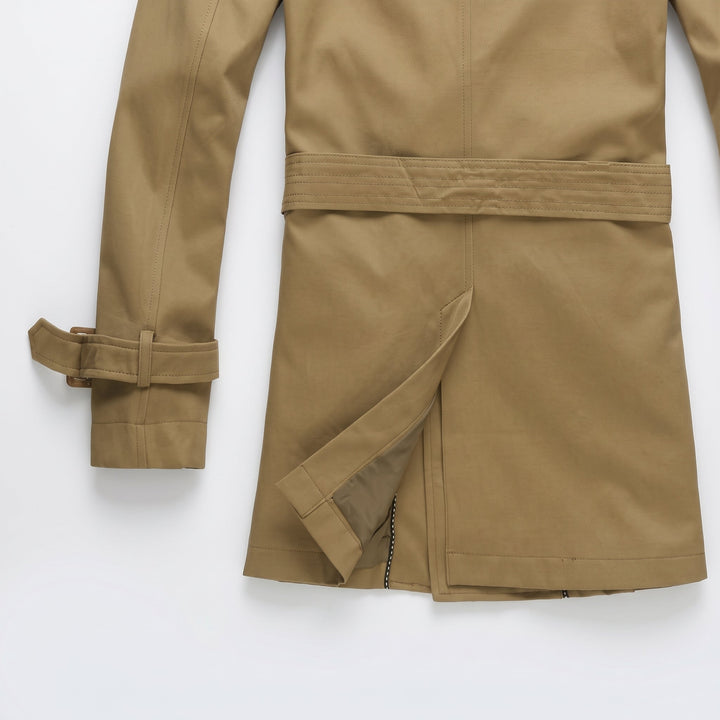 Men's Short Double Breasted Trench Coat, Belted Fitted Tailored