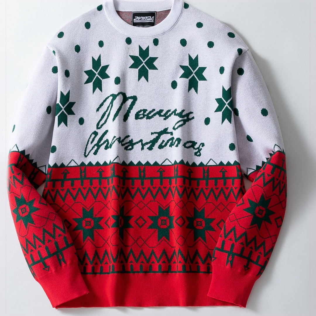 Men's Christmas Sweater, White Knit Fair Isle Relaxed Fit Pullover