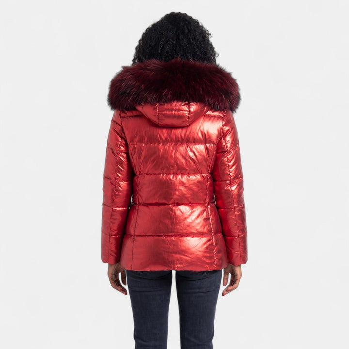 Women's Short Quilted Puffer Jacket, Hooded Metallic Front Zip