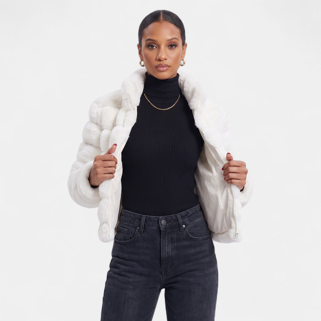Women's Cropped Faux Fur Coat, Tiered Stand Collar Front Zip