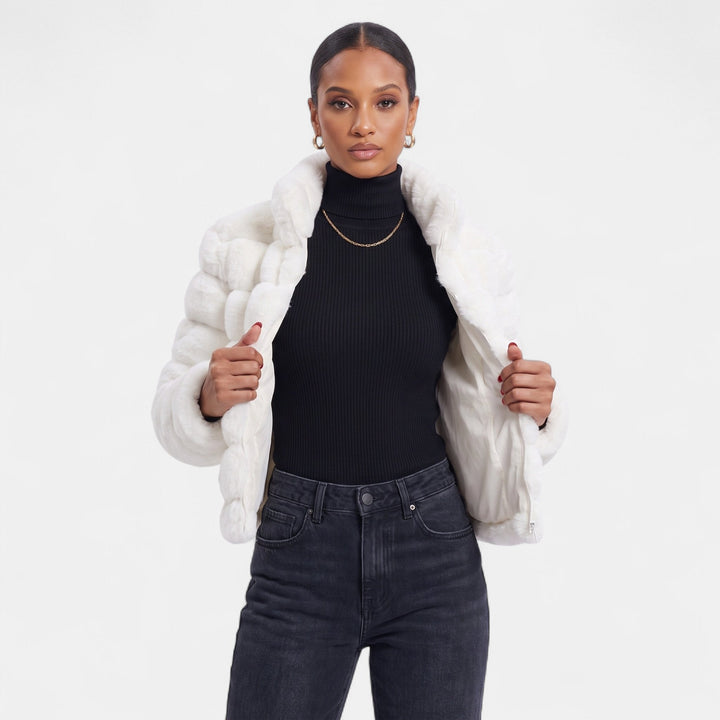 Women's Cropped Faux Fur Coat, Tiered Stand Collar Front Zip
