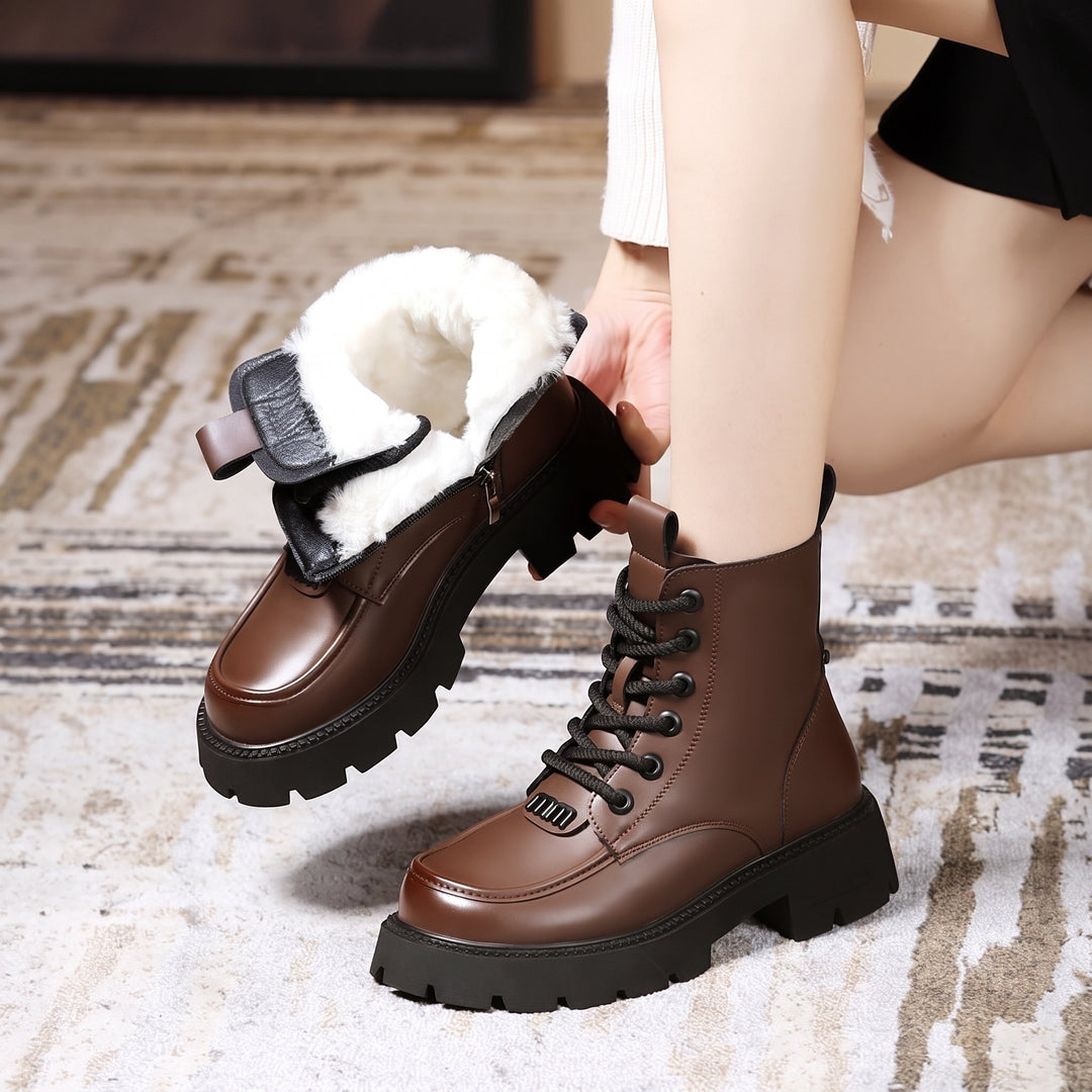 Women's Ankle Comfortable Winter Boots, Lace Fur Platform Fuzzy