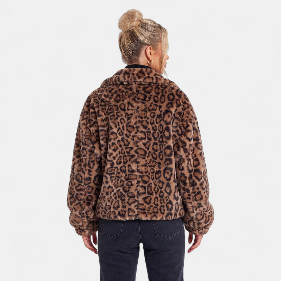 Women's Leopard Print Faux Fur Coat, Short Oversized Button Front