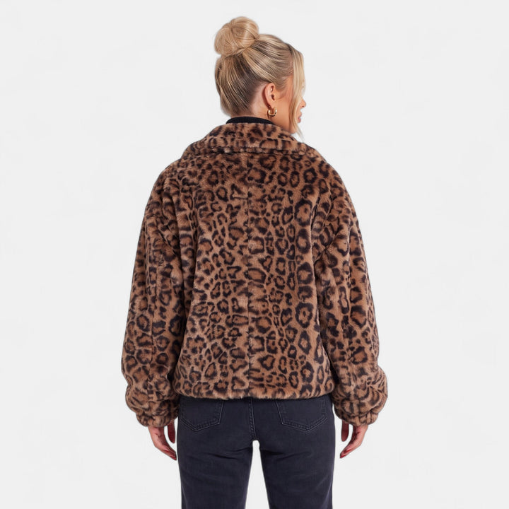 Women's Leopard Print Faux Fur Coat, Short Oversized Button Front