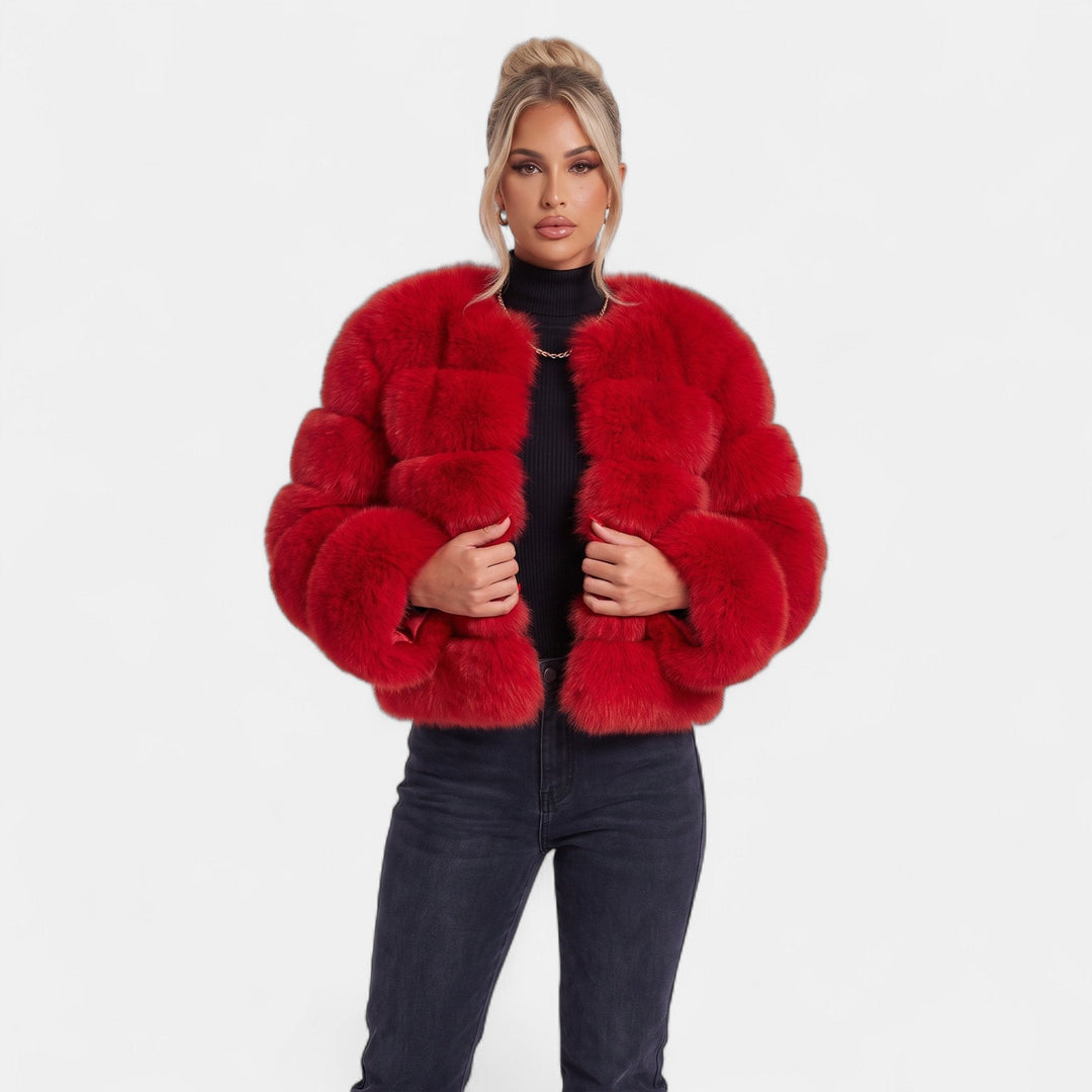 Women's Cropped Faux Fur Coat, Collarless Tiered Open Front