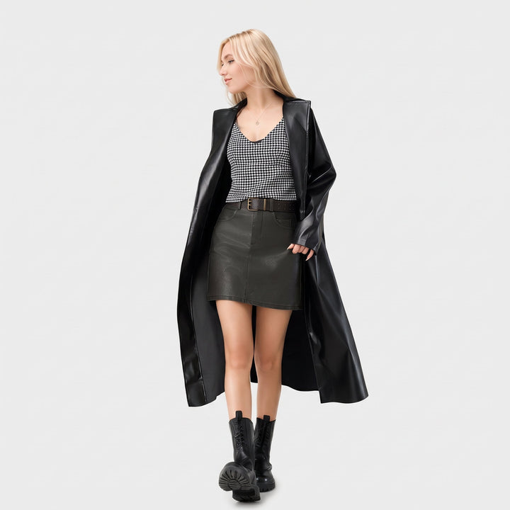 Women's Long Black Trench Coat, Faux Leather Notched Lapels