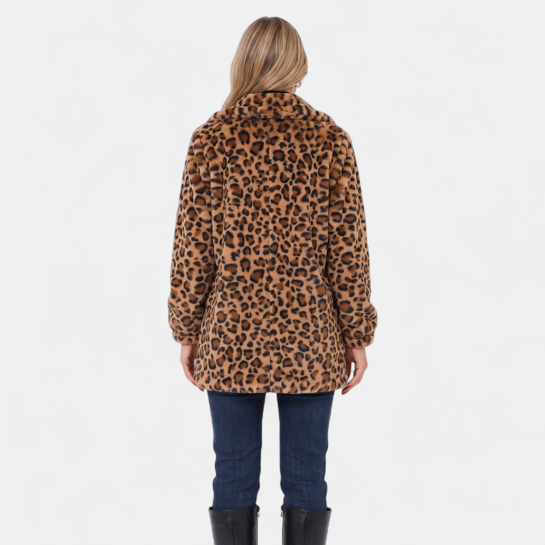 Women's Leopard Print Faux Fur Coat, Mid Thigh Notched Lapel