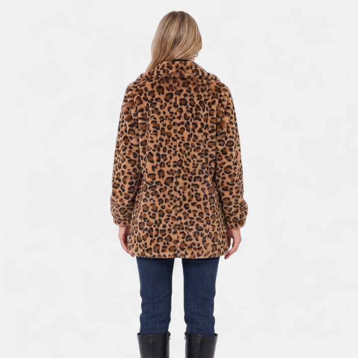 Women's Leopard Print Faux Fur Coat, Mid Thigh Notched Lapel