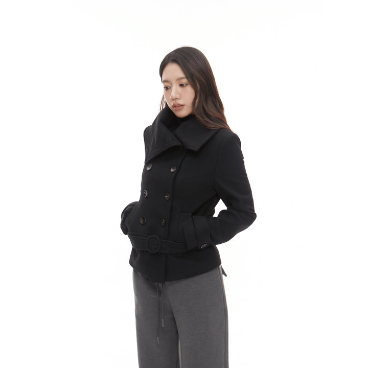 Women's Short Double Breasted Peacoat, High Neck Slim Fit Belted