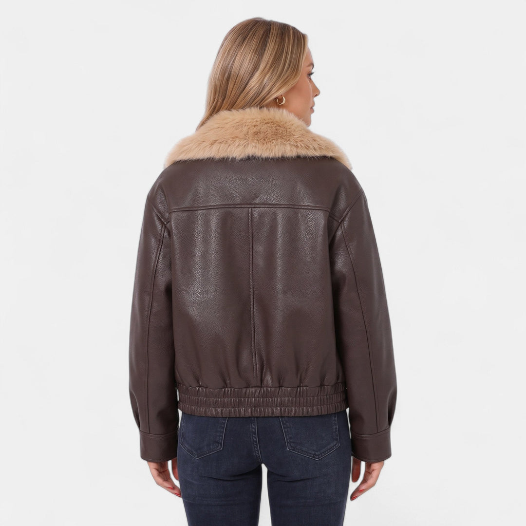 Women's Oversized Faux Leather Bomber Jacket, Faux Fur Shawl Collar
