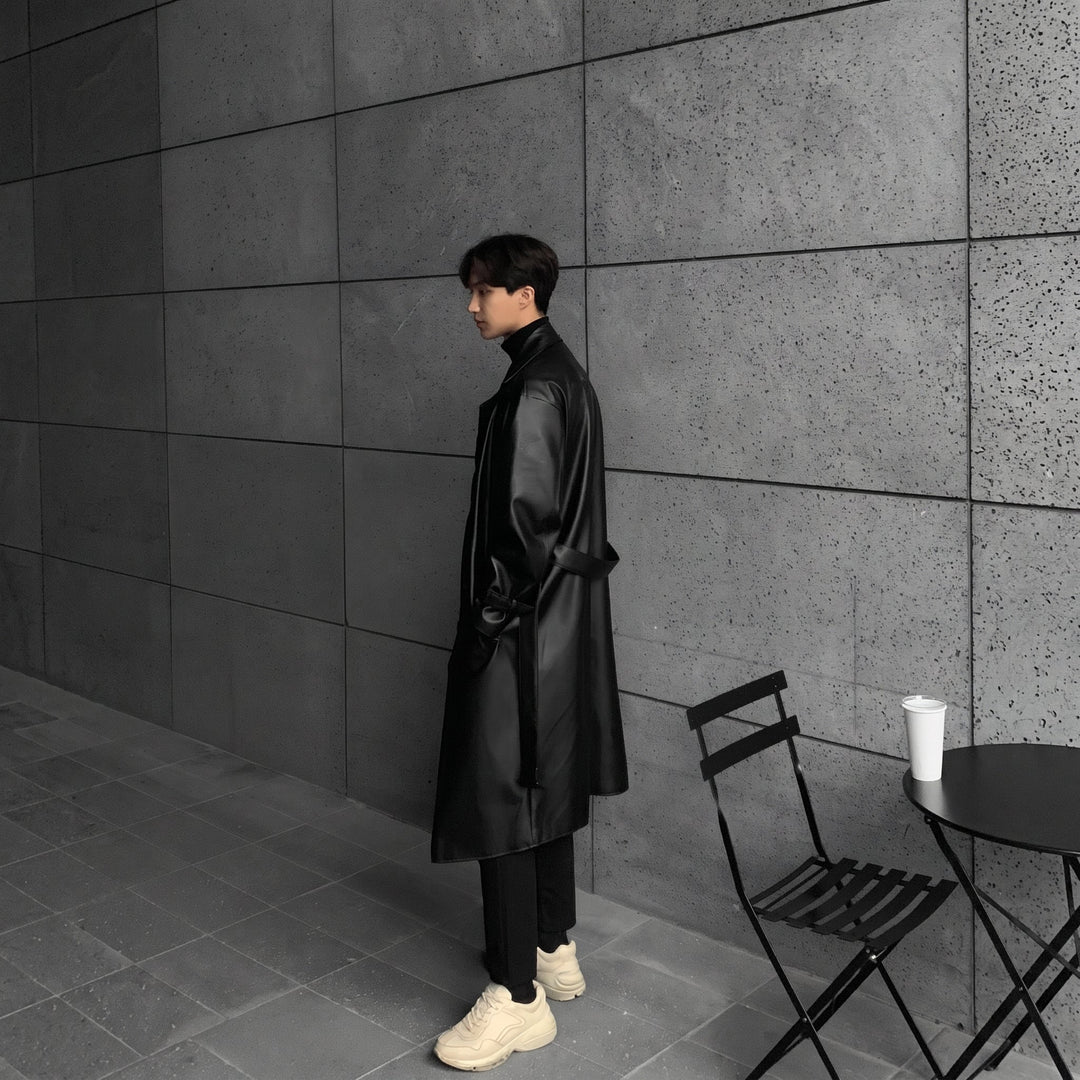 Men's Long Black Trench Coat, Oversized Double Breasted Belted