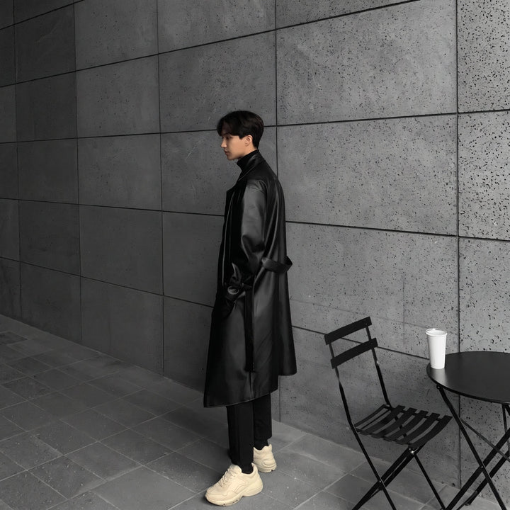 Men's Long Black Trench Coat, Oversized Double Breasted Belted