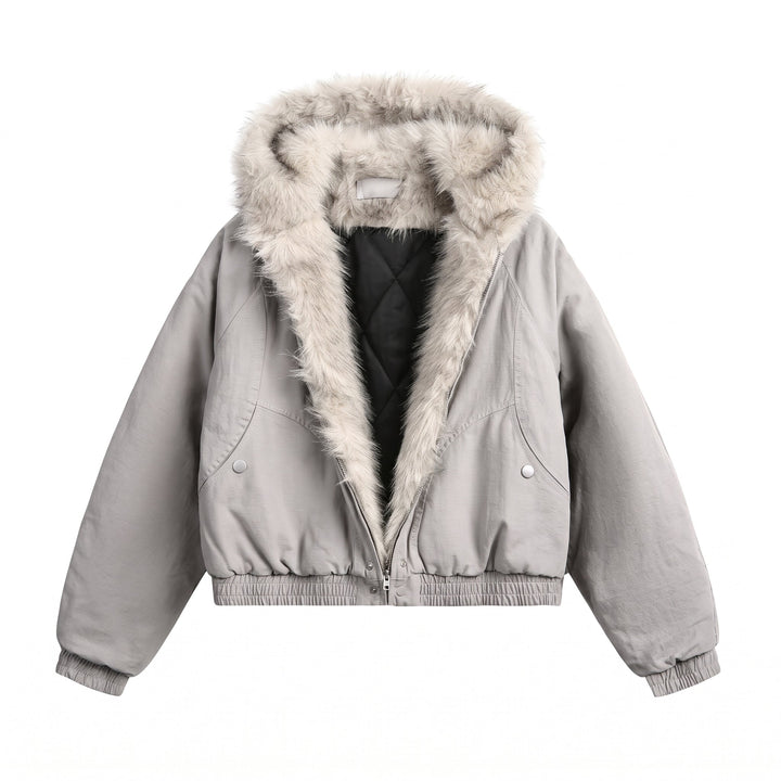 Women's Cropped Winter Puffer Jacket, Padded Hooded Oversize Fur