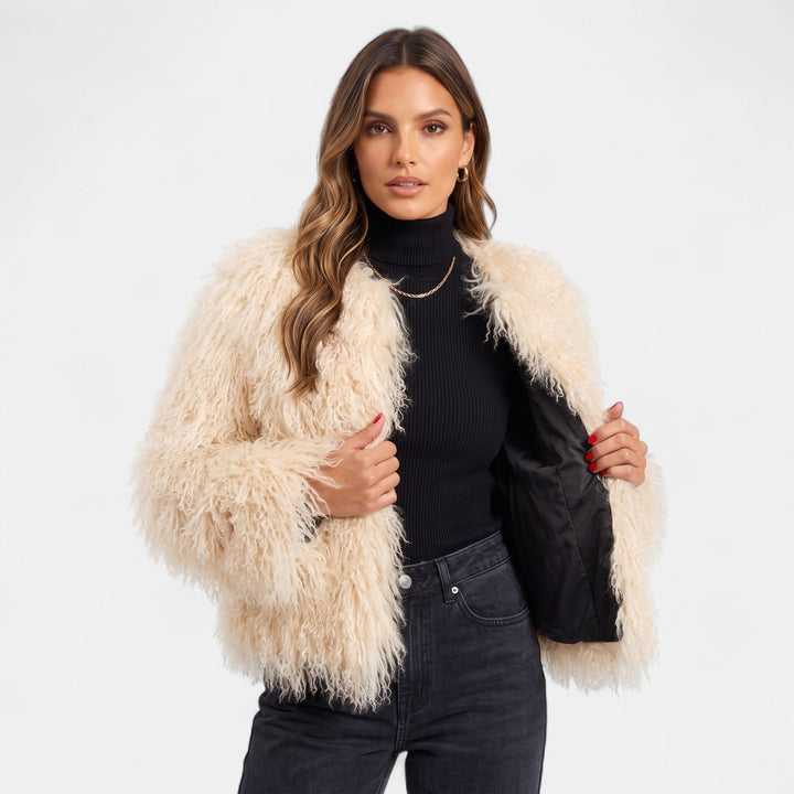 Women's Cropped Shaggy Faux Fur Coat, Collarless Open Front