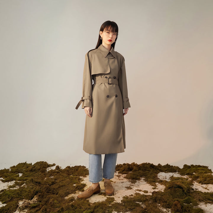 Women's Long Winter Trench Coat, Double Breasted Belted