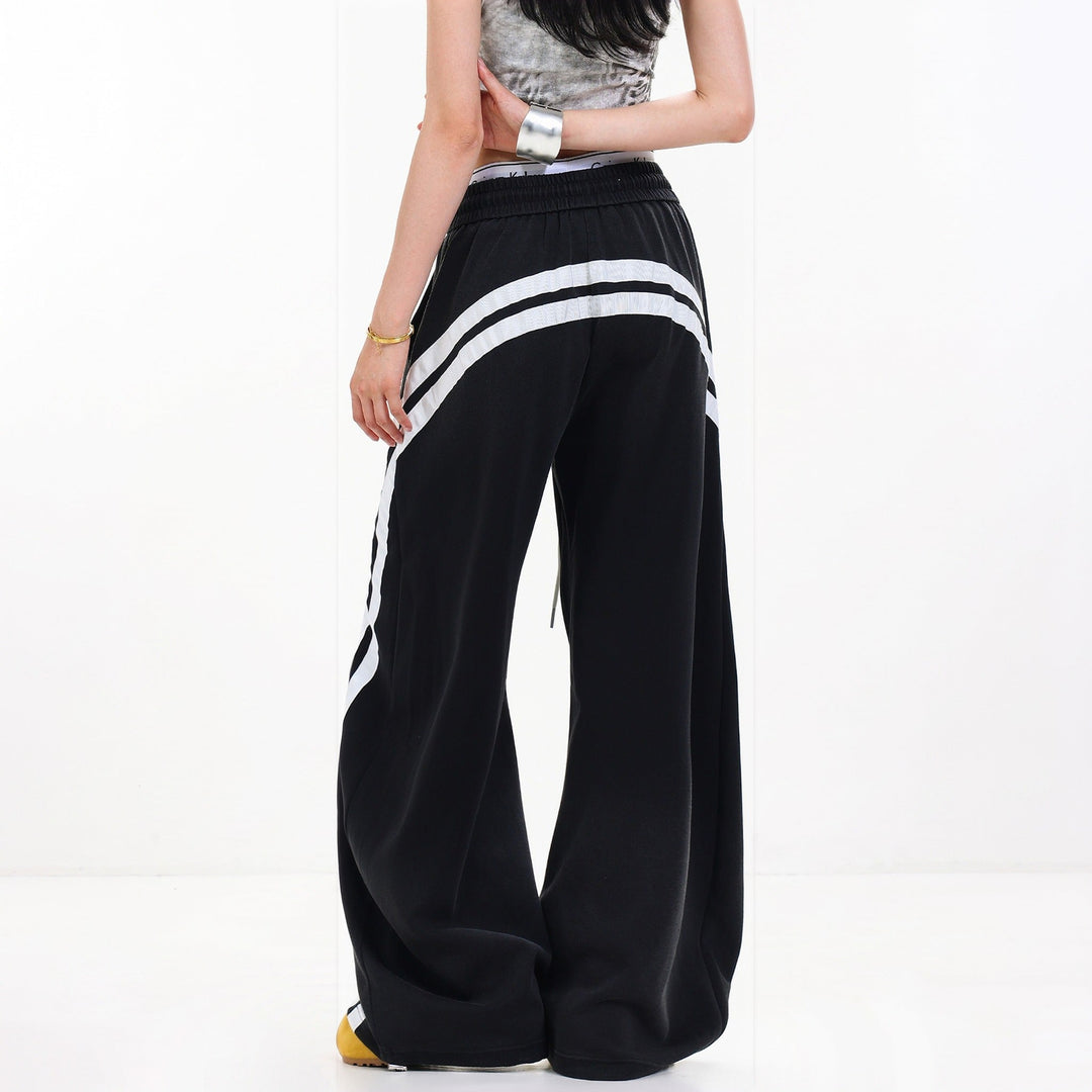 Women's Baggy Wide Leg Sweatpants, Curved Side Stripe Slogan Print
