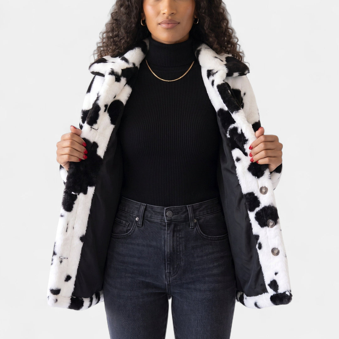 Women's Cow Print Sherpa Jacket, Oversized Button Front Flap Pockets