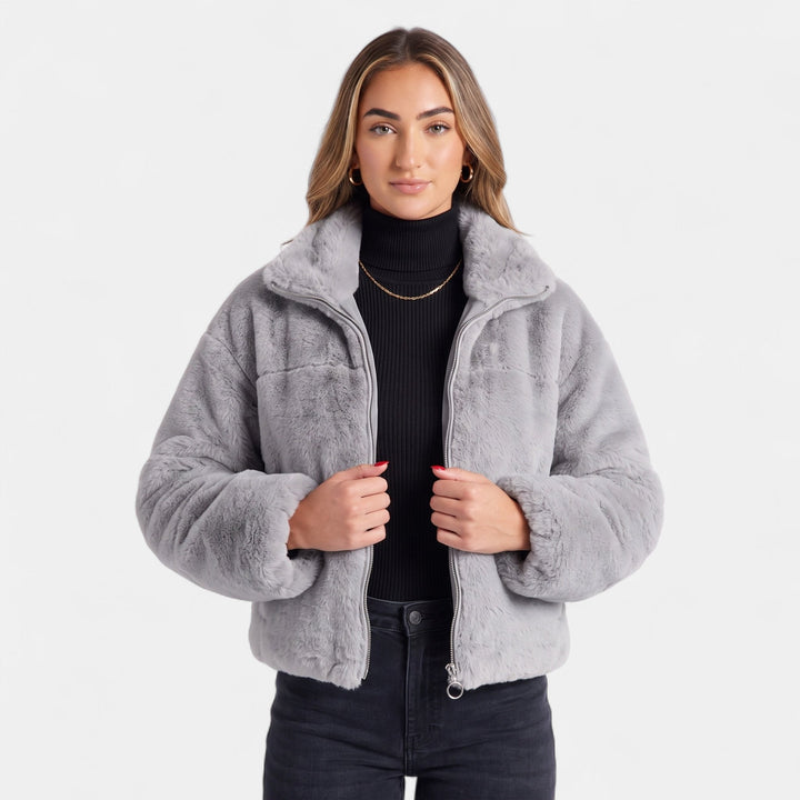 Women's Cropped Oversized Faux Fur Coat, Stand Collar Zip Up Quilted